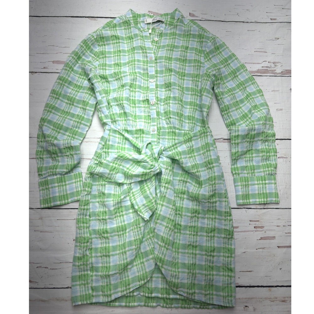 Mango Green Plaid Tie‎ Front Mini Shirt Dress Long Sleeve XXS